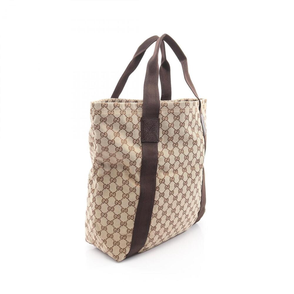 Gucci Beige Leather Canvas Bag Tote GG Brown Tan Brown